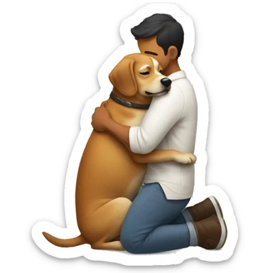 Bipedal dog cuddling with a man sticker