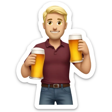 Blonde guy in maroon shirt holding two big beers sticker