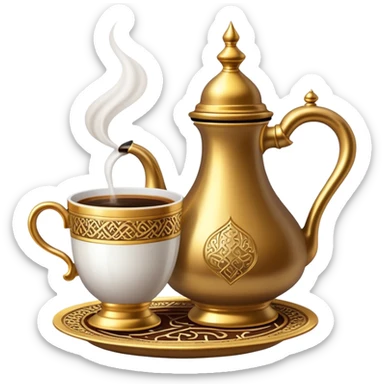 a cup of Saudi coffee with traditional dallah pot next to the cup sticker