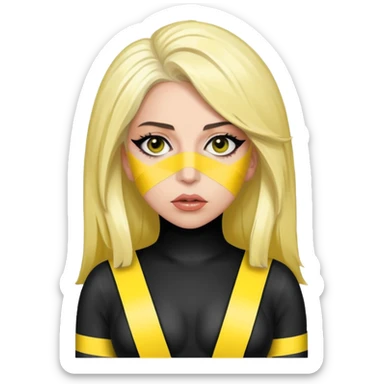 Lady Gaga in the Telephone video, black and yellow caution tape outfit, fierce expression, pop diva sticker