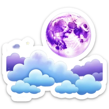 "A dreamy night sky illustration with a glowing full moon, soft clouds, and twinkling stars in shades of blue."
 sticker