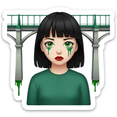 Guria com cabelo preto franjinha sangrando olhos verdes  fundo preto e um piercing bridgepiercing sticker