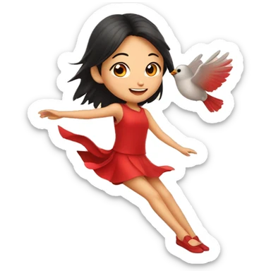 Cute Asian girl flying on cardinal bird sticker