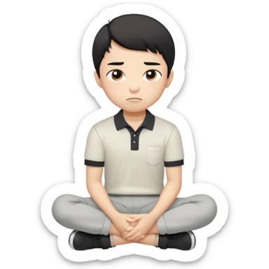 A cartoon young Asian boy with short black hair, light beige skin, and large expressive eyes, wearing a white polo shirt, gray pants, and black shoes. He sits cross-legged on the ground, one fist resting on his cheek, with a closed-mouth smirk. Clean lines, flat colors, solid black background. sticker