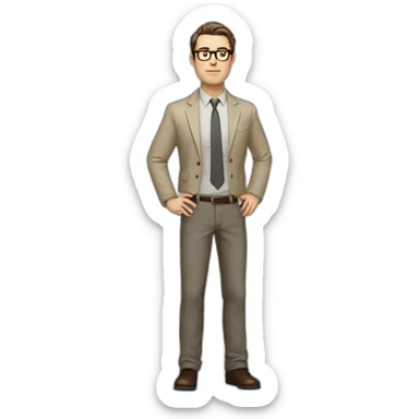 Full height Gesticulating Pale skinned fit man with dark brown hair in gray jacket, beige office shirt, brown tie, brown pants and vintage glasses. sticker