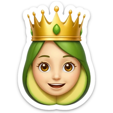 cute avocado queen emoji with a crown, cheerful expression, apple style sticker