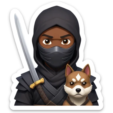clash-of-clans-aesthetic_-cinematic-mysterious-male-ninja-portrait-emoji, rendered in a flat, vector-style with minimal shading and bold, simplified shapes,   with a head slightly turned revealing intense, focused eyes. the ninja is accompanied by a Ninken dog sticker