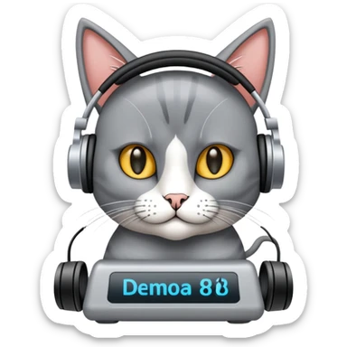 Gato persa gris con audífonos y detrás de él un cartel con el nombre PRIMERA 88.3FM sticker