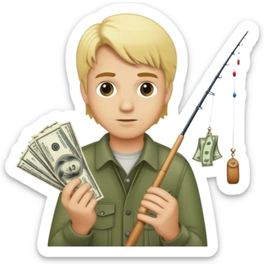 Man with blonde hair fishing for dollar bills  sticker