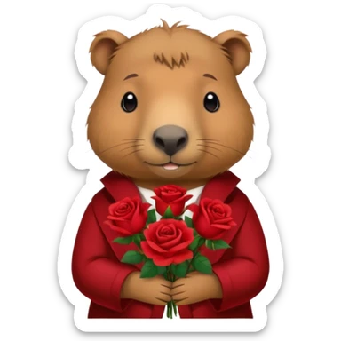 Cute capypara with sad puppy dog eyes holding roses  sticker