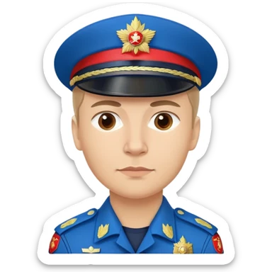 Russian police officer with blue uniform and traditional peaked cap with red band sticker