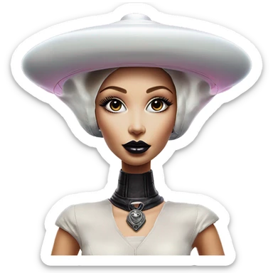 Wholesome UFO alien in Barbie style, oil paint, black eyes, intricate lips, masterpiece portrait, beautiful, desirable, logical, love, peace, understanding sticker