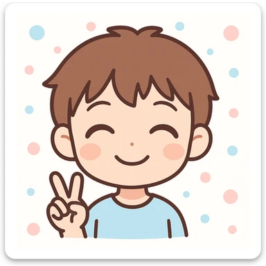 anime themed emoji of a boy, smiling, closed eyes, peace sign hand, friendly mood sticker