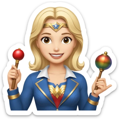 Blonde Wonder Woman holding bell and short white orchestra conductor’s baton  sticker