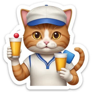 cat with a backwards cap, holding a ping pong ball and cup, beer pong college party sticker