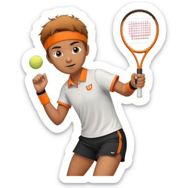 Tennista con racchetta arancione della wilson. Maniche corte e pantaloncini neri. Con polsino e ciuffo sui capelli sticker