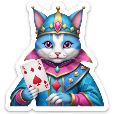 court jester cat medieval, poker cards, pink and blue sticker