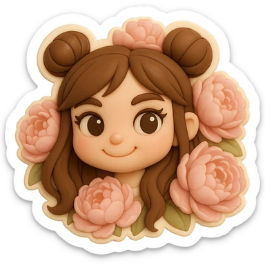 3D chibi fondant cake art style, high-quality rendering with smooth shadows and soft gradients. Girl based on reference image with preserved facial features and eye shape exactly as in the reference. Long brown hair in two space buns, brown eyes, thick white outline like a sticker, transparent background. Only her smiling head is visible, surrounded tightly by a wall of huge soft pink peonies, petals overlapping her hair. sticker