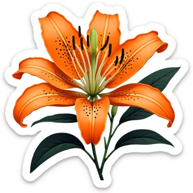 Japanese style tiger lily (oniyuri) flower in ukiyo-e inspired design, bright orange petals with distinctive black spots, curved-back petals, traditional composition like in Japanese woodblock prints sticker