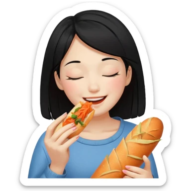 Girl black long hair eat kimchi close eyes baguette sticker