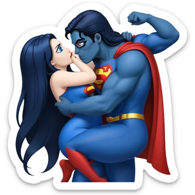 1girl,crazy drunk pose curvy dark blue {very long straight hair} blueeyes,fullbody,kissing  superman sticker