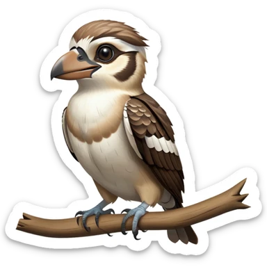 cinematic-kookaburra-realistic-full-body-perched-emoji,-compact-sturdy-frame-balanced-on-a-weathered-branch,-brown-and-white-feathered-wings-folded-neatly,-bold-striped-face-with-a-mischievous-glint-in-its-eye,-massive-sharp-beak-slightly-open-as-if-ready-to-laugh,-simplified-yet-realistic-focused-features,-highly-detailed,-glowing-with-a-warm-golden-light sticker