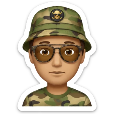 Short brown hair man with sunglasses on his camo hat sticker