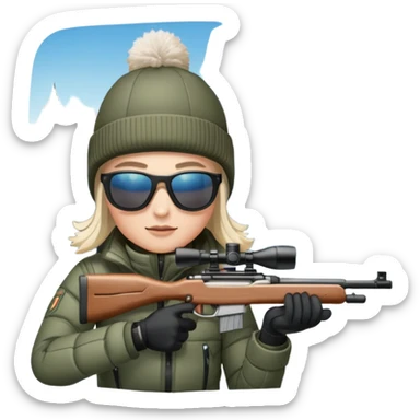 An icon showing a snowy landscape with pine trees, mountains and a clear sky with a biathlete aiming a rifle in the foreground, wearing winter gear and skis. Transparent background emphasizes the precision, endurance, and beauty of this winter sport. sticker