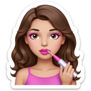 girl with long wavy brown hair, brown eyes, light to medium complexion, in a pink sexy top, pink lips, long lashes, puckered lips, putting on lipstick sticker