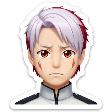 Shoto Todoroki face only, left side white hair, right side red hair, heterochromatic eyes, burn scar on left side of face, serious expression sticker