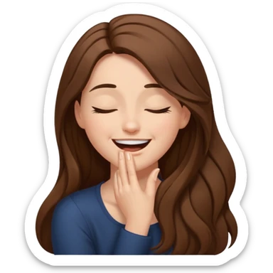 Woman from side with one hand on her head, eyes closed, laughing and smiling really hard. Hair is brown and long sticker