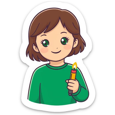 Very happy Girl with brown hair and green eyes with a lighter  sticker