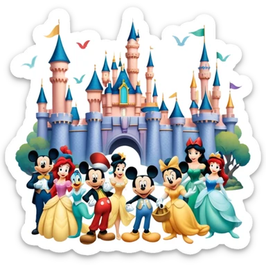A vibrant collage featuring iconic characters like one Goofy, one Mickey Mouse, one Ariel, one Jasmine and one Franco. Each character should be large and bright, set against a cheerful and playful background with Disneyland. Transparent background. sticker