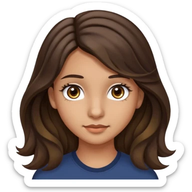 Create a emoji of a girl teen (14 years old) with dark brown hair and a little bit lighter brown in the end of the hair (but mixed) and waves in the hair, long hair, with MEDIUM FAIR TO OLIVE skin tone, dark brown eyes, perfect nose, long eyelashes sticker