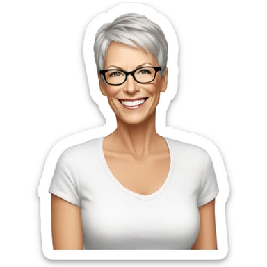 Jamie Lee Curtis smiling wearing tee sticker