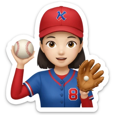 a korean girl cheering her favorite baseball team, wearing the team uniform, baseball cap, and holding baseball sticker