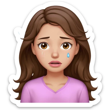 girl with wavy long brown hair, brown eyes, light to medium complexion, long lashes, light pink lipstick, wearing light pink shirt, weeping lots of big tears sticker