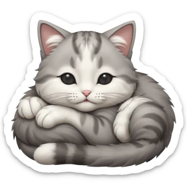 grey and white small cat with eyes closed lying down upside down with its head resting on its curled paw sticker