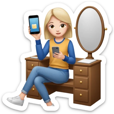Girl sitting at vanity taking out picture with iphone 15 plus and study materials on the vanity sticker