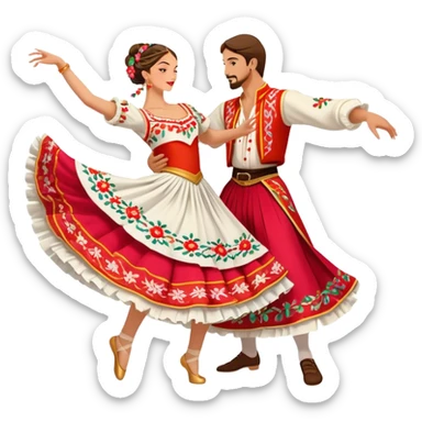 Cinematic Realistic scene of two dancers performing the Tarantella, dressed in vibrant, flowing traditional costumes with detailed embroidery and dynamic skirts, captured in festive motion with warm, lively lighting sticker