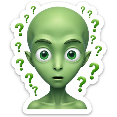 An alien with question marks pouring out of his eyes sticker
