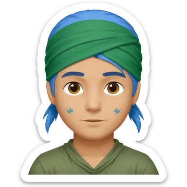 a man with half long blue hair, half short green hair and wearing head bandana sticker