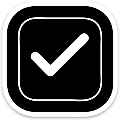 Create a rounded square checkbox icon with a solid black fill, thick white outline, and a bold white check mark inside. Match the style and contrast of the reference image for high visibility. Ensure no transparency except outside the icon. sticker