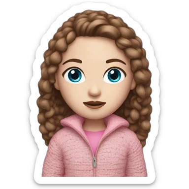 A girl with white skin, blue eyes, brown hair in a pink jacket, crochet sticker