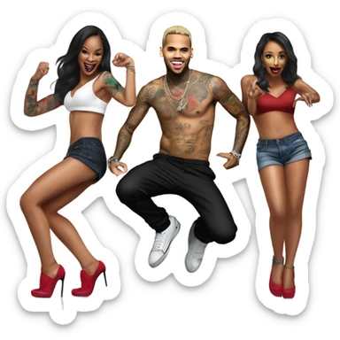 Hyper Realistic Chris Brown   dancing with 3 beautiful tattooed female dancers sticker