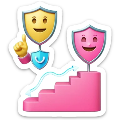 Minimalist 3D emoji-style podium with 2 steps on a green chroma key background. Step 1 (higher) features a handshake icon with blue neon glow. Step 2 (lower) features a smiling tooth with a shield icon and pink neon glow. Clean rendering, soft colors, uniform lighting sticker