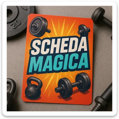 realistic gym workout plan card with the text 'scheda magica' in a modern energetic font, vibrant colors, sports details like weights and dumbbells, motivational style sticker
