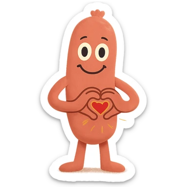 a smiling sausage-shaped humanoid with a pinkish-orange body, simple arms and legs, big eyes, and a happy smile. Its hands form a heart shape in front of its chest, radiating warmth and affection sticker