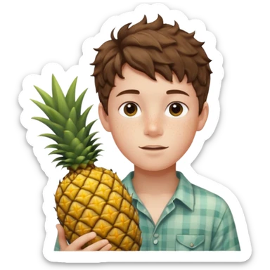 Pale young teenage boy with short wavy brown hair holding pineapple sticker