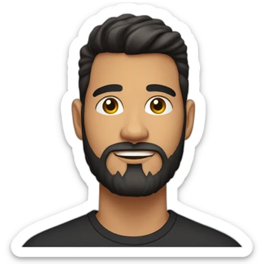 25 year old Hispanic man with a full beard and thick eyebrows light skin, black shirt sticker